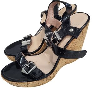Stuart Weitzman Oneliner Wedge Cork Sandal Patent 8.5M